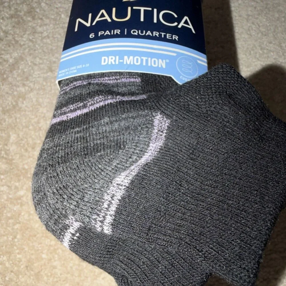 Nautica Women's Quarter Socks 6 Pairs Cushioned Striped Black Gray Purple 4-10